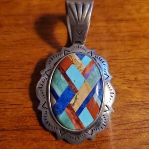 Vintage Pendant Sterling Silver Turqoise Multi Stone Inlay Unisex